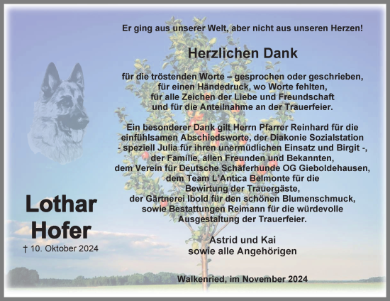 Traueranzeige von Lothar Hofer von Harz Kurier