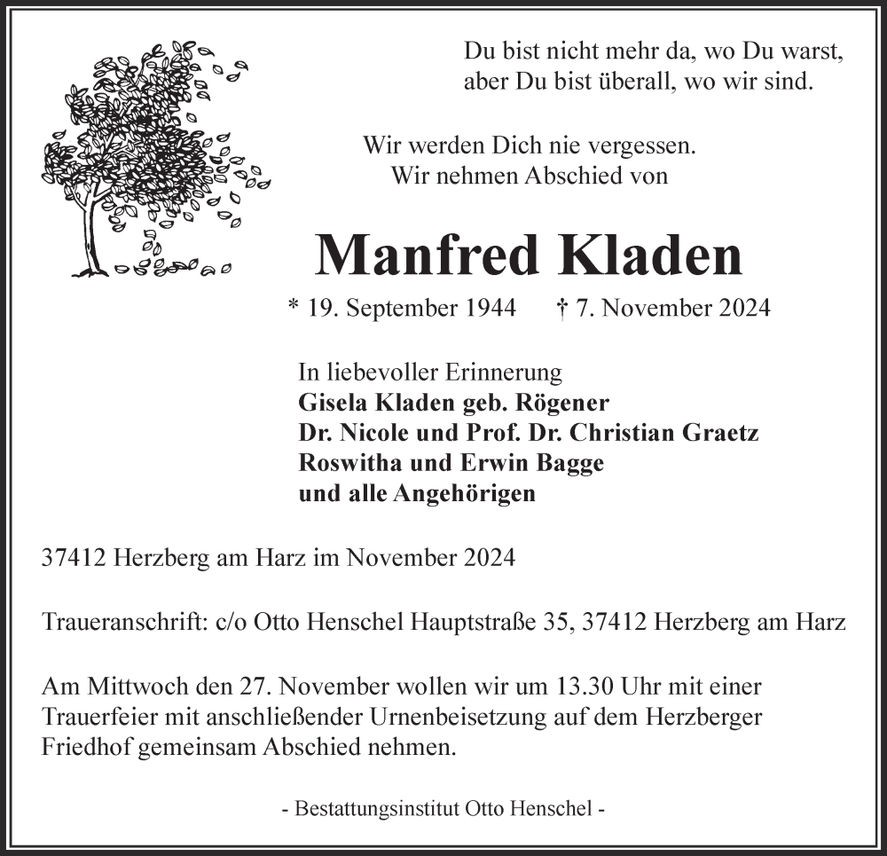  Traueranzeige für Manfred Kladen vom 16.11.2024 aus Harz Kurier