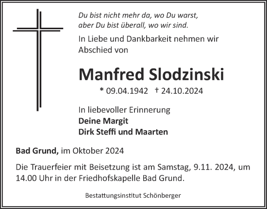 Traueranzeige von Manfred Slodzinski von Harz Kurier