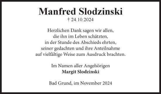 Traueranzeige von Manfred Slodzinski von Harz Kurier