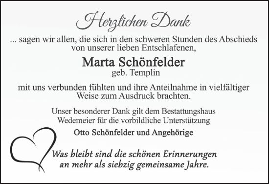 Traueranzeige von Marta Schönfelder von Harz Kurier
