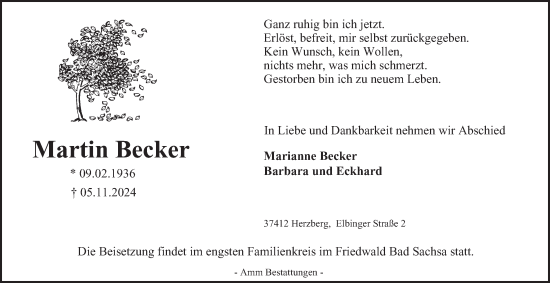 Traueranzeige von Martin Becker von Harz Kurier