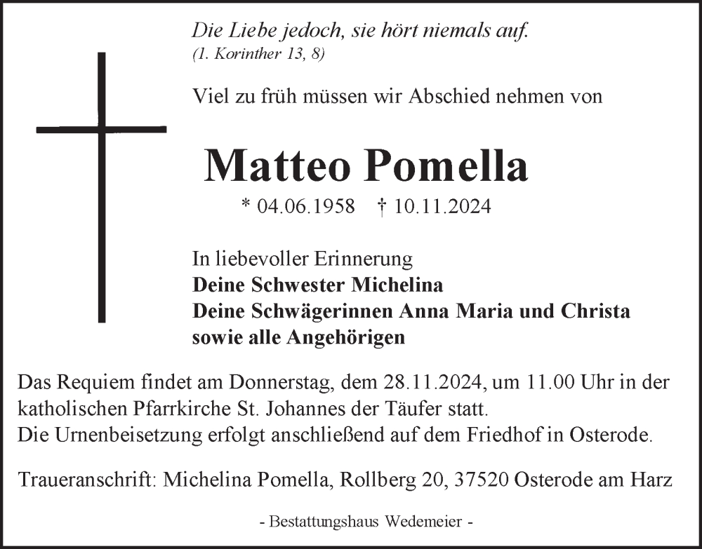  Traueranzeige für Matteo Pomella vom 23.11.2024 aus Harz Kurier