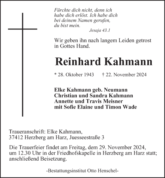 Traueranzeige von Reinhard Kahmann von Harz Kurier