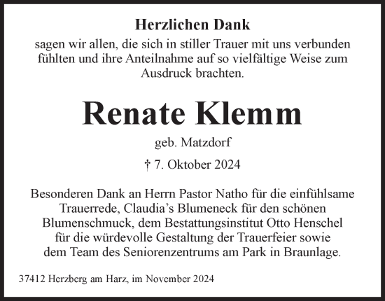 Traueranzeige von Renate Klemm von Harz Kurier