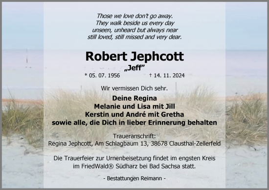 Traueranzeige von Robert Jephcott von Harz Kurier