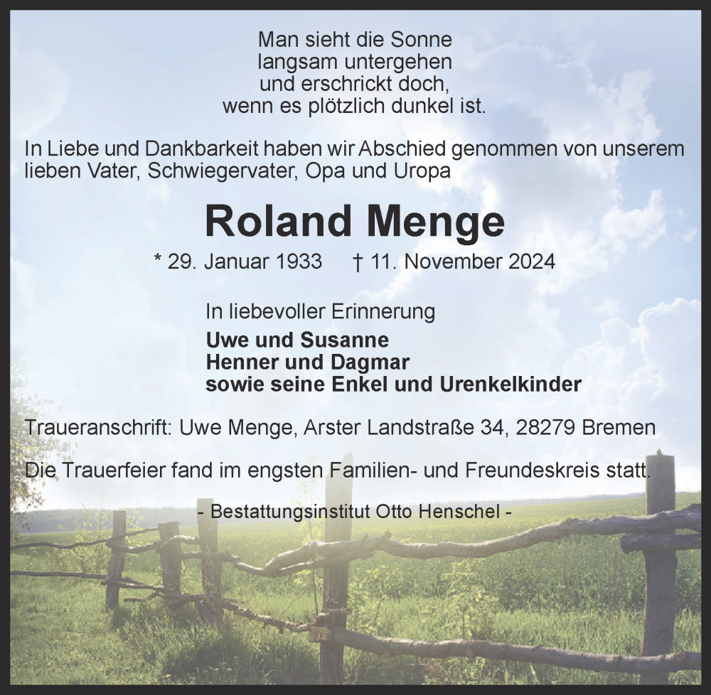  Traueranzeige für Roland Menge vom 30.11.2024 aus Harz Kurier