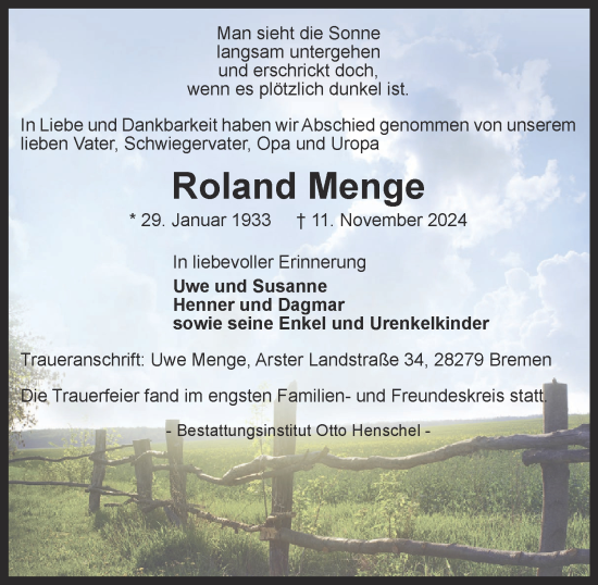 Traueranzeige von Roland Menge von Harz Kurier