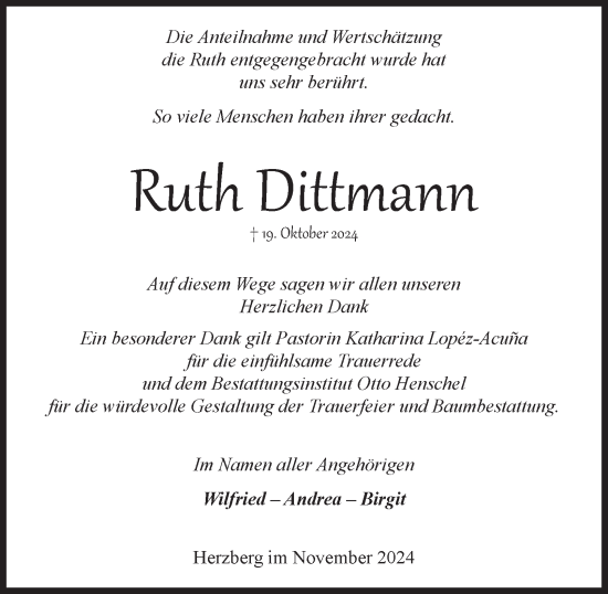Traueranzeige von Ruth Dittmann von Harz Kurier