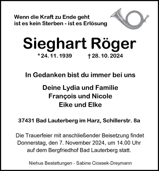 Traueranzeige von Sieghart Röger von Harz Kurier