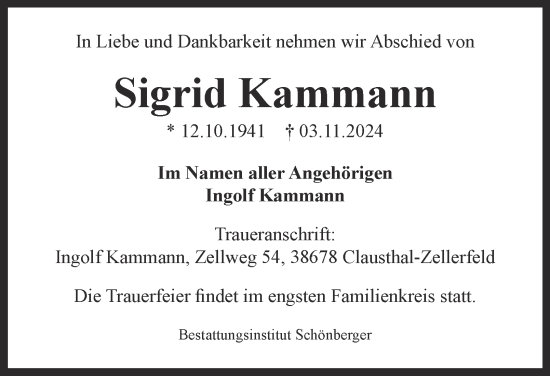 Traueranzeige von Sigrid Kammann von Harz Kurier
