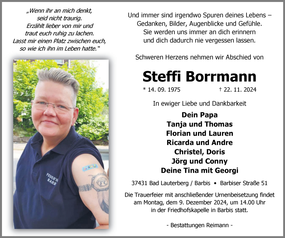  Traueranzeige für Steffi Borrmann vom 30.11.2024 aus Harz Kurier