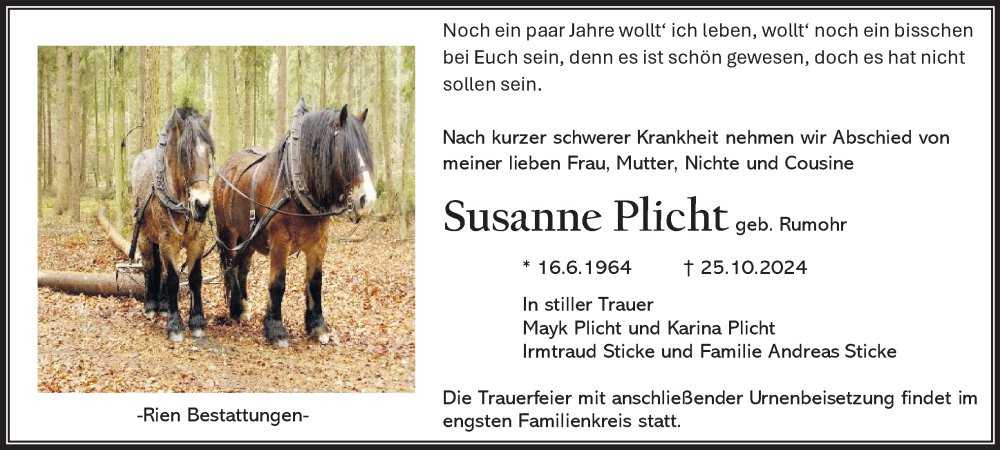  Traueranzeige für Susanne Plicht vom 02.11.2024 aus Harz Kurier