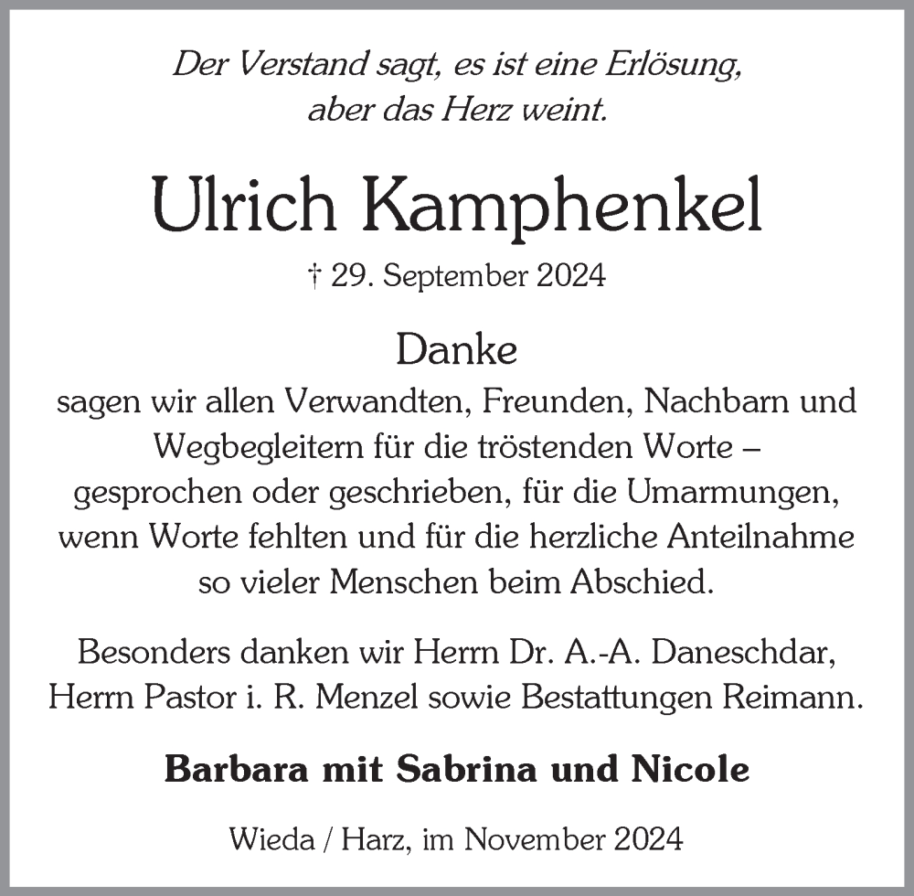  Traueranzeige für Ulrich Kamphenkel vom 02.11.2024 aus Harz Kurier