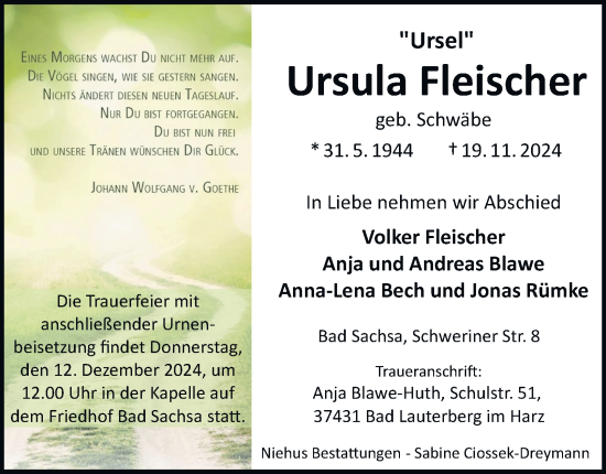 Traueranzeige von Ursula Fleischer von Harz Kurier