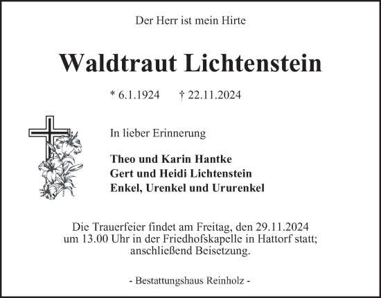 Traueranzeige von Waldtraut Lichtenstein von Harz Kurier