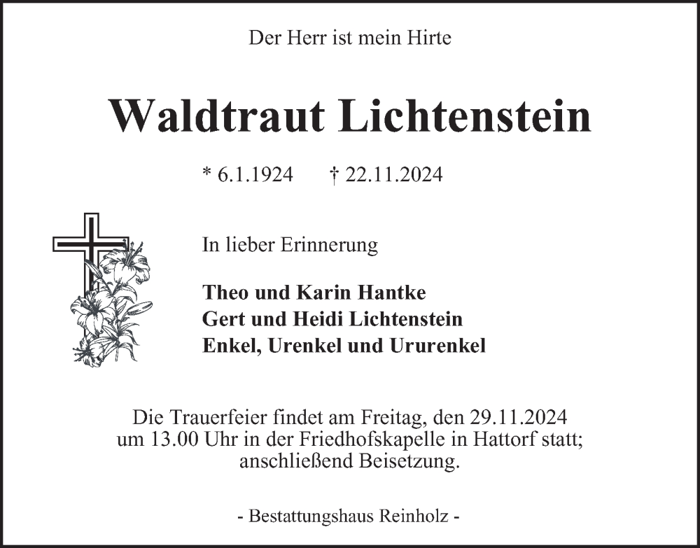  Traueranzeige für Waldtraut Lichtenstein vom 26.11.2024 aus Harz Kurier