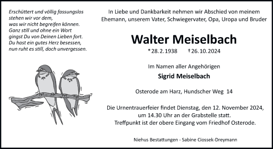 Traueranzeige von Walter Meiselbach von Harz Kurier