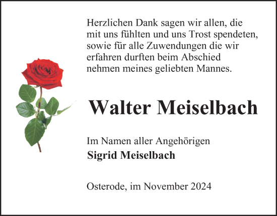 Traueranzeige von Walter Meiselbach von Harz Kurier