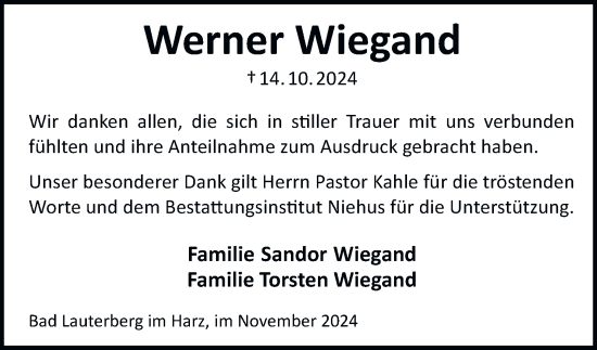 Traueranzeige von Werner Wiegand von Harz Kurier
