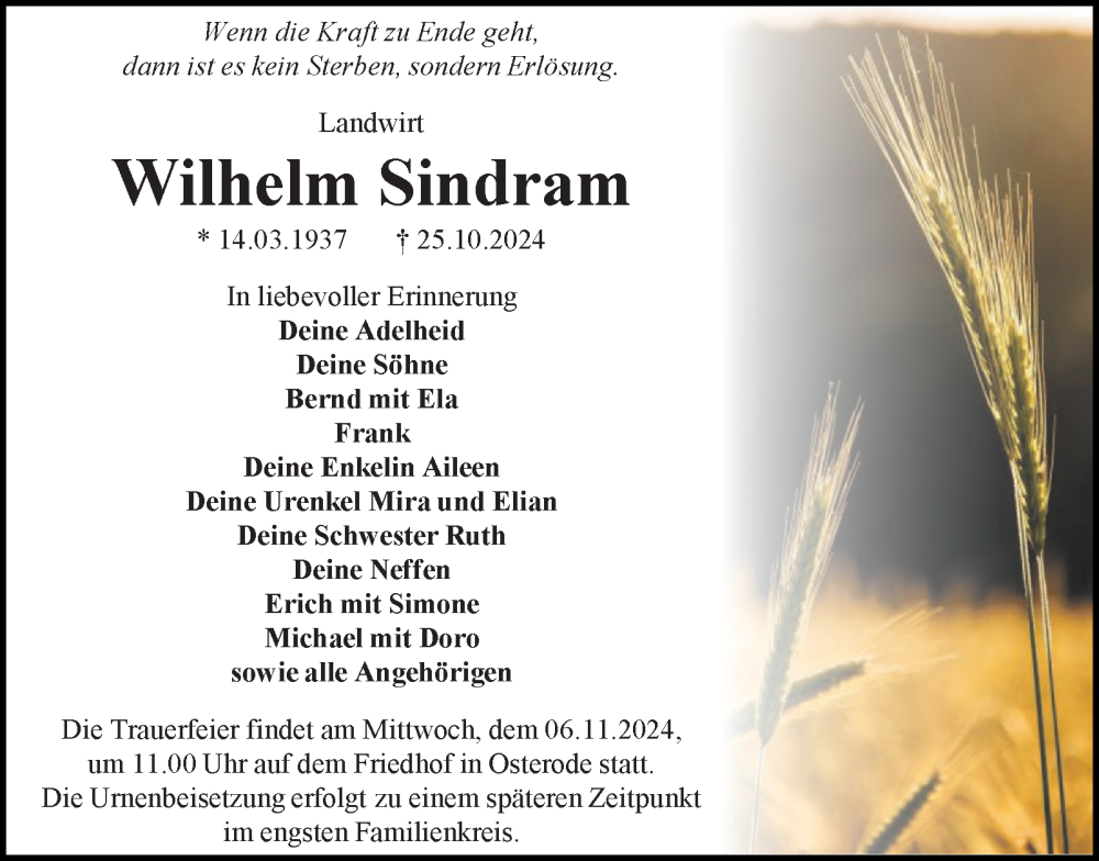  Traueranzeige für Wilhelm Sindram vom 05.11.2024 aus Harz Kurier
