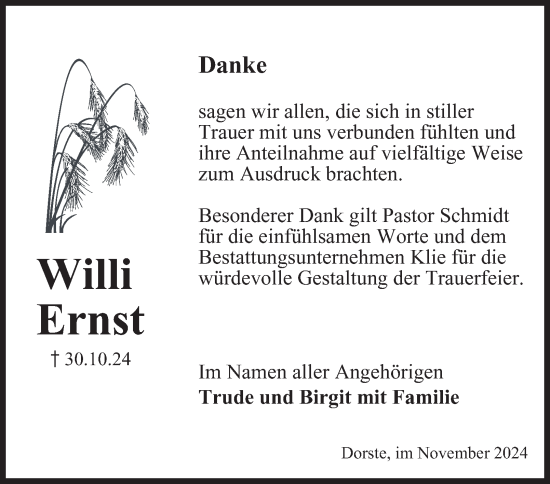 Traueranzeige von Willi Ernst von Harz Kurier