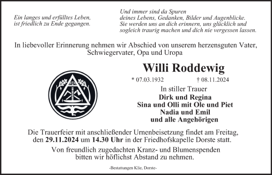 Traueranzeige von Willi Roddewig von Harz Kurier