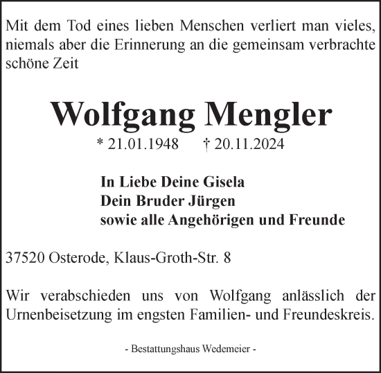 Traueranzeige von Wolfgang Mengler von Harz Kurier