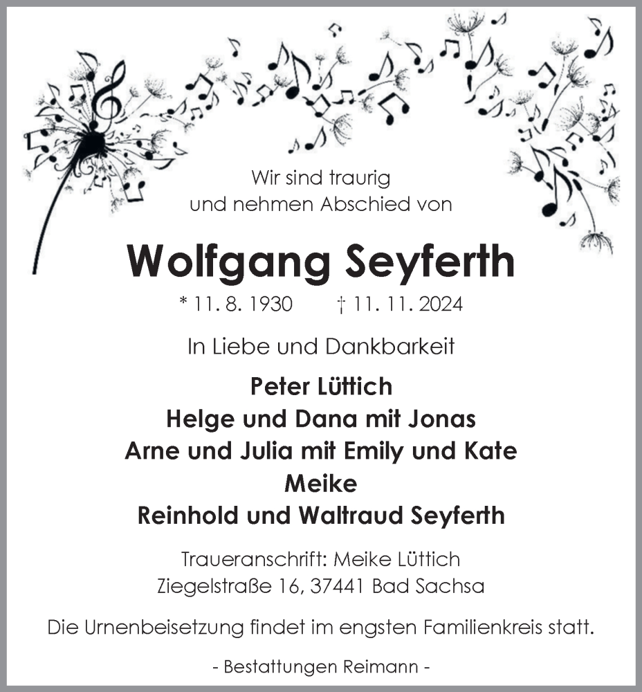  Traueranzeige für Wolfgang Seyferth vom 16.11.2024 aus Harz Kurier