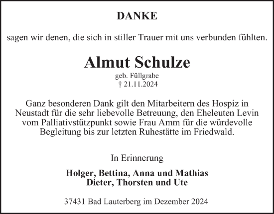 Traueranzeige von Almut Schulze von Harz Kurier