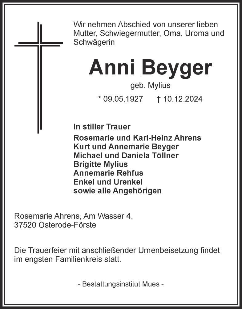  Traueranzeige für Anni Beyger vom 21.12.2024 aus Harz Kurier