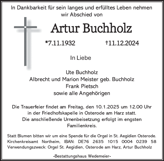 Traueranzeige von Artur Buchholz von Harz Kurier