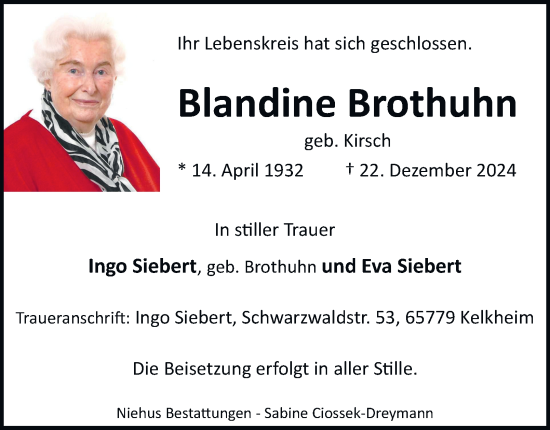 Traueranzeige von Blandine Brothuhn von Harz Kurier