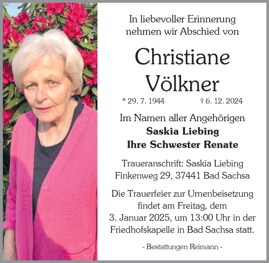 Traueranzeige von Christiane Völkner von Harz Kurier