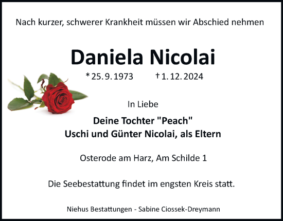 Traueranzeige von Daniela Nicolai von Harz Kurier