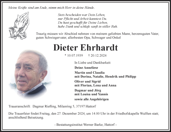 Traueranzeige von Dieter Ehrhardt von Harz Kurier