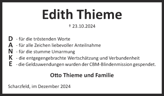 Traueranzeige von Edith Thieme von Harz Kurier