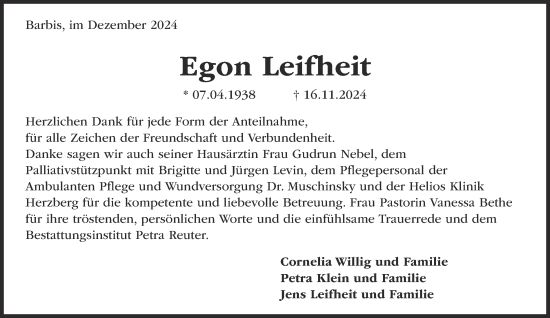 Traueranzeige von Egon Leifheit von Harz Kurier