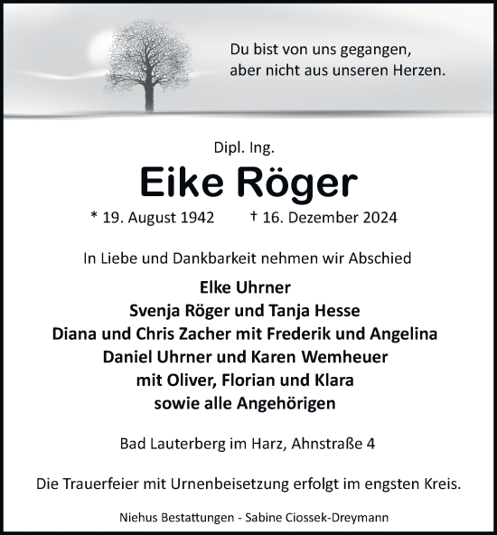 Traueranzeige von Eike Röger von Harz Kurier