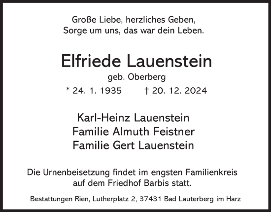 Traueranzeige von Elfriede Lauenstein von Harz Kurier