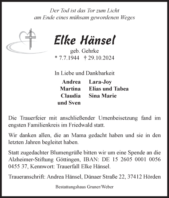Traueranzeige von Elke Hänsel von Harz Kurier