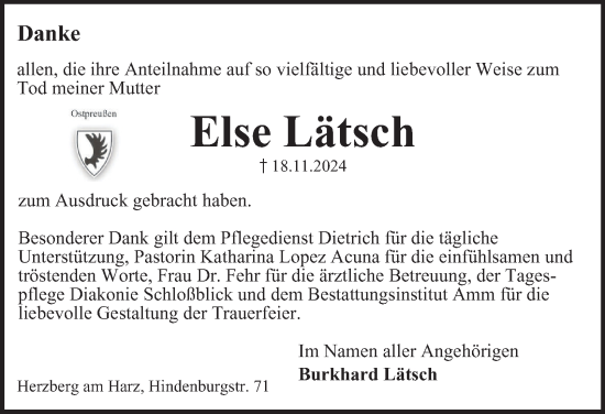 Traueranzeige von Else Lätsch von Harz Kurier