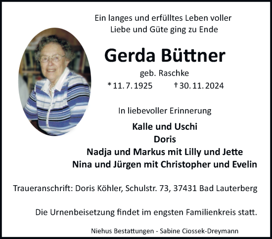 Traueranzeige von Gerda Büttner von Harz Kurier