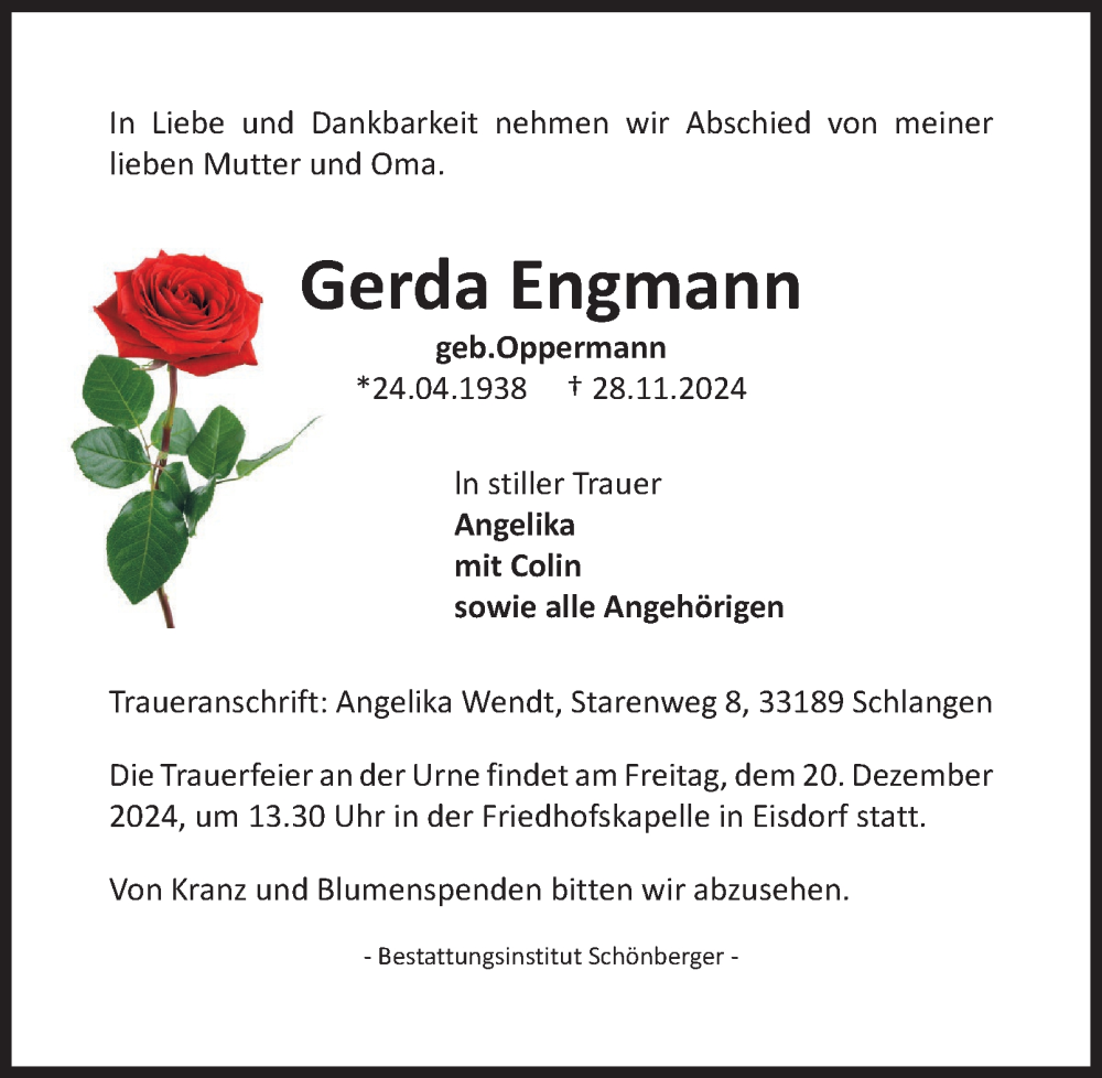  Traueranzeige für Gerda Engmann vom 14.12.2024 aus Harz Kurier