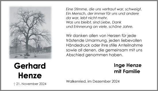 Traueranzeige von Gerhard Henze von Harz Kurier