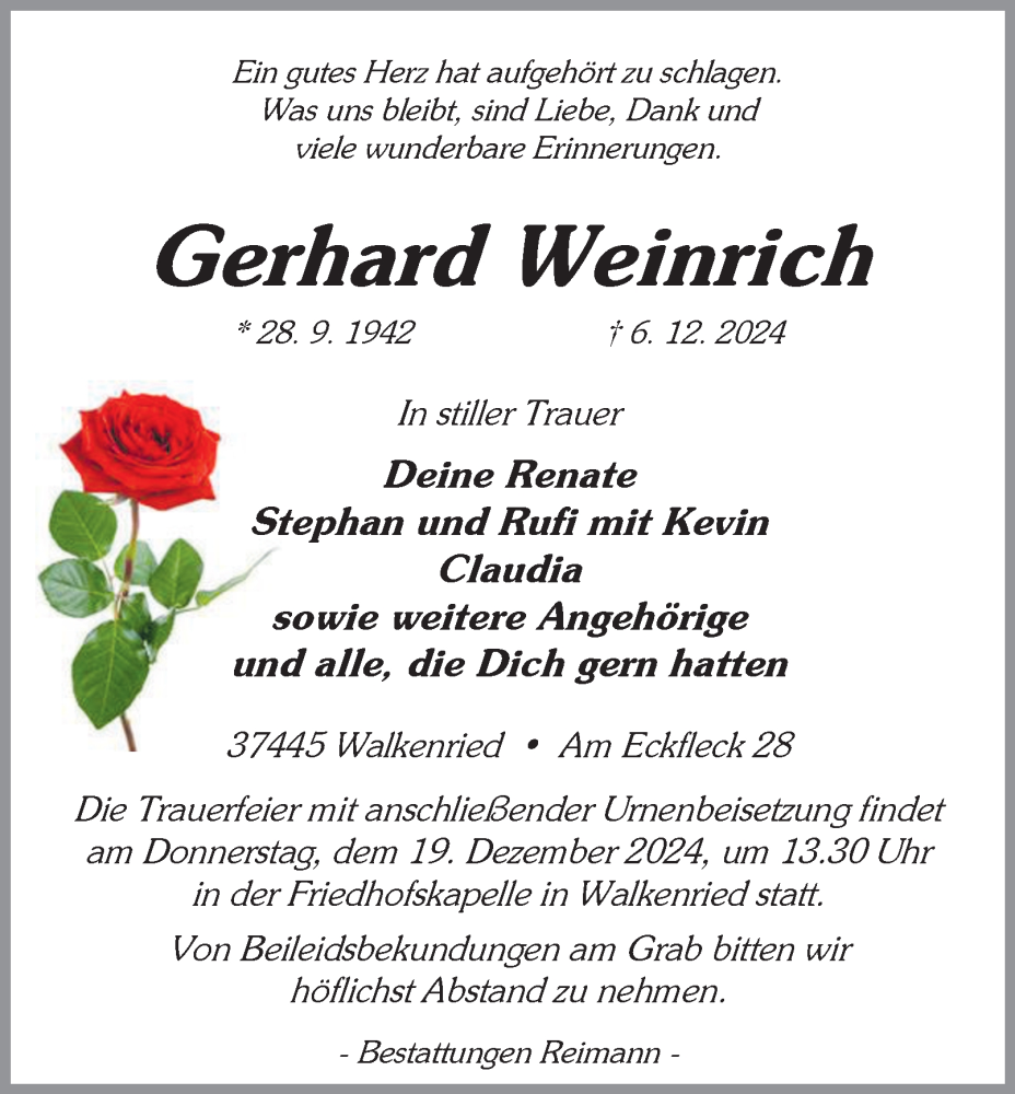  Traueranzeige für Gerhard Weinrich vom 14.12.2024 aus Harz Kurier