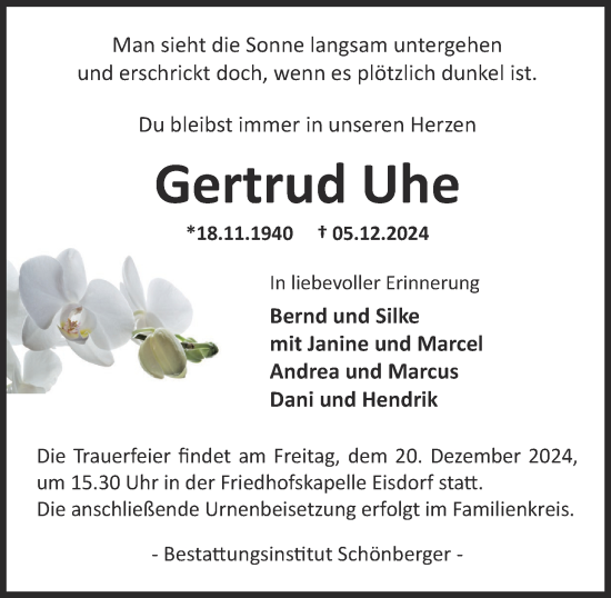 Traueranzeige von Gertrud Uhe von Harz Kurier
