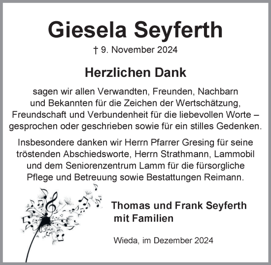 Traueranzeige von Giesela Seyferth von Harz Kurier
