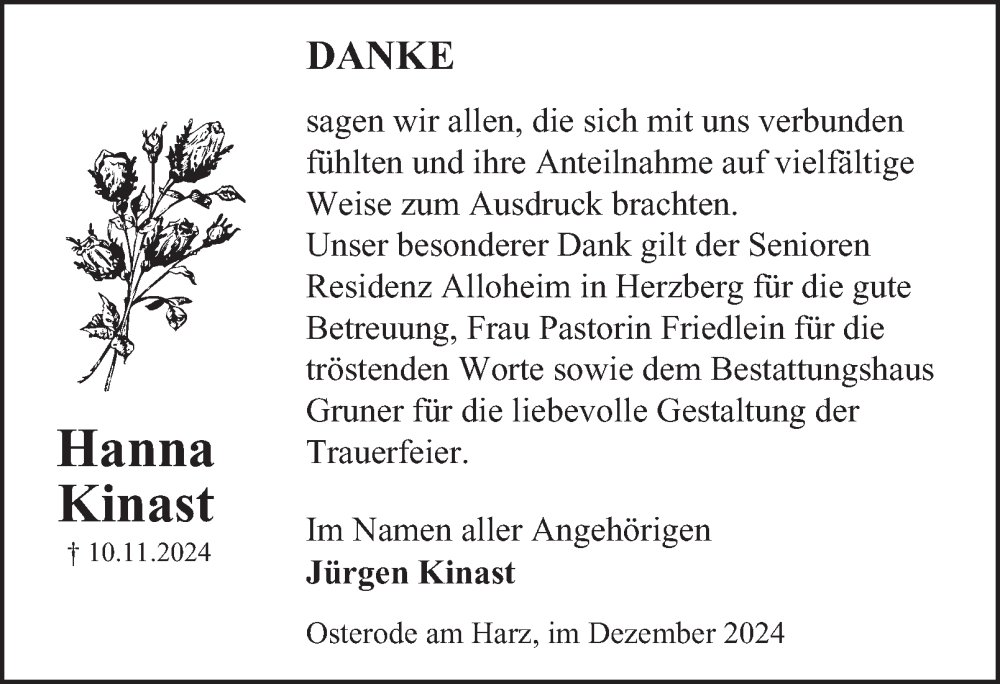  Traueranzeige für Hanna Kinast vom 07.12.2024 aus Harz Kurier