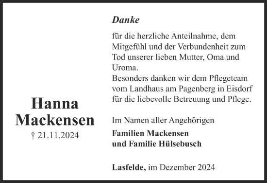 Traueranzeige von Hanna Mackensen von Harz Kurier